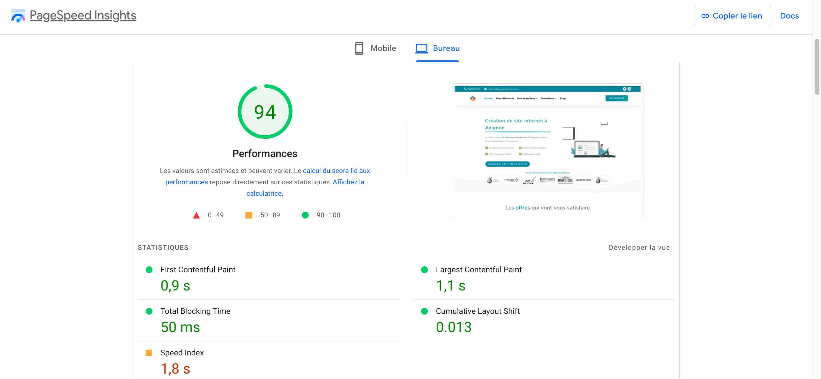Core Web Vitals dans PageSpeed Insights